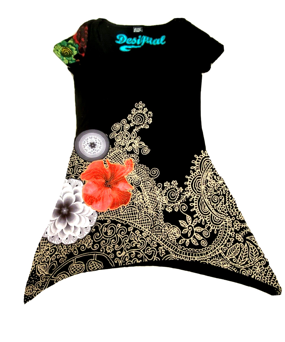 DESIGUAL T Shirt Tunic Dress Handkerchief Hem Graphic Floral Black White Multi M
